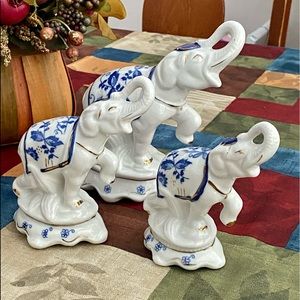 Blue and White Ceramic Elephant Figurines Set